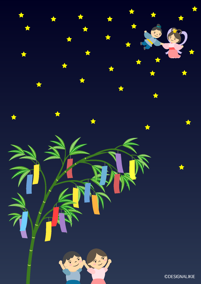 七夕の夜に空を見上げる子供