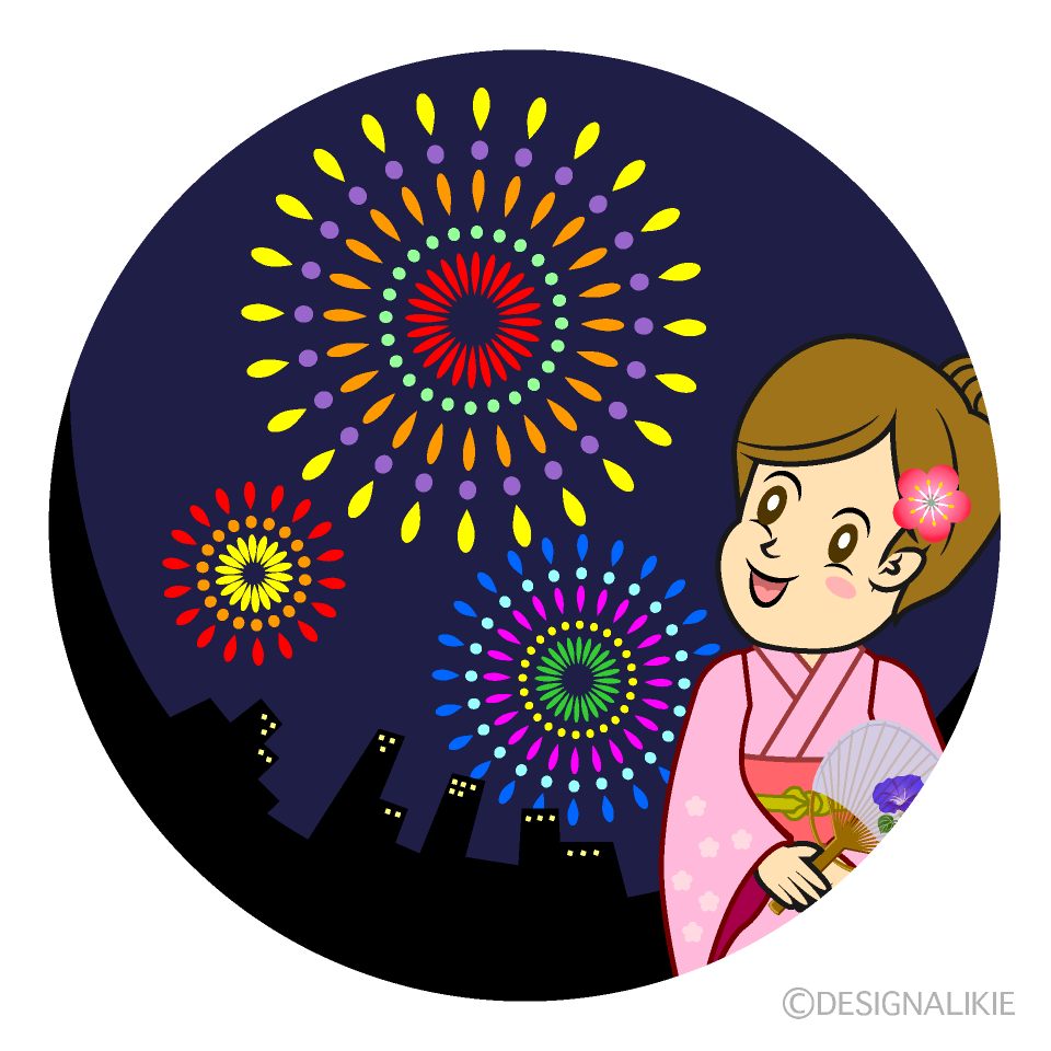 花火を観る浴衣の女性