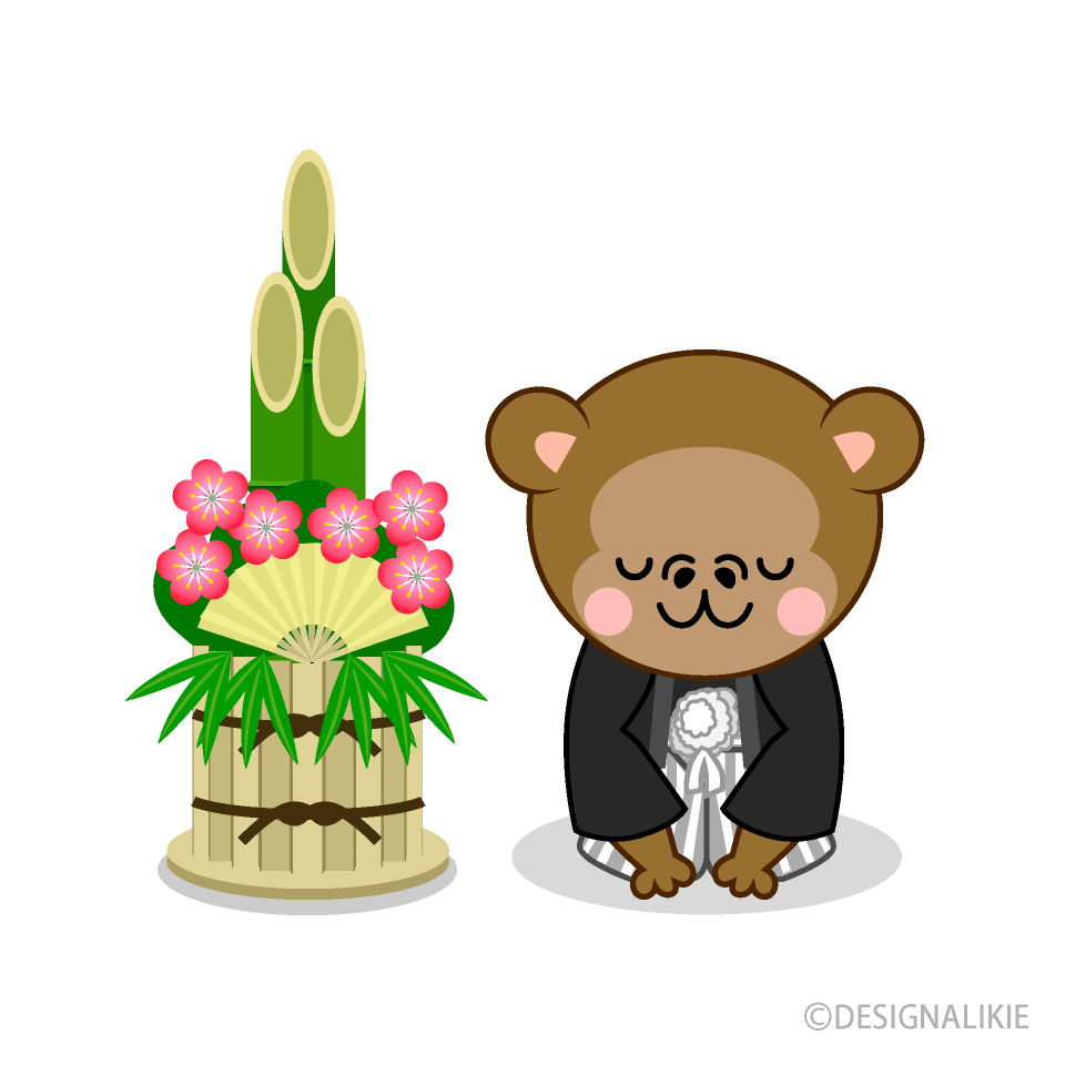 門松とお辞儀するサル
