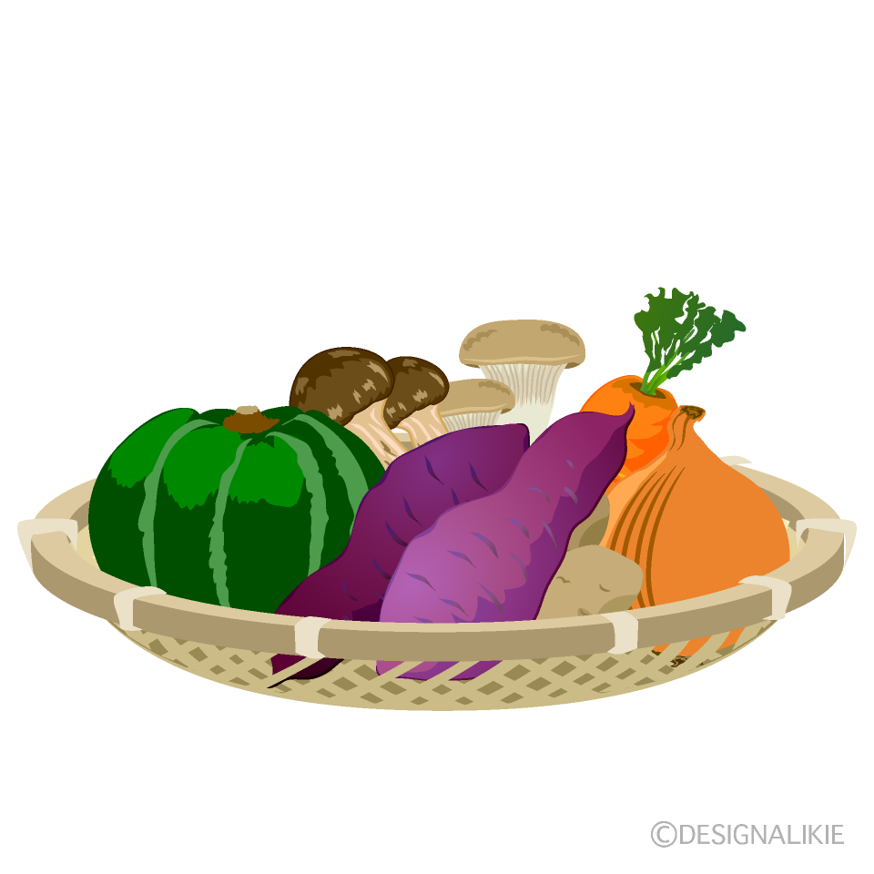 竹ザルに盛られた秋の味覚の野菜