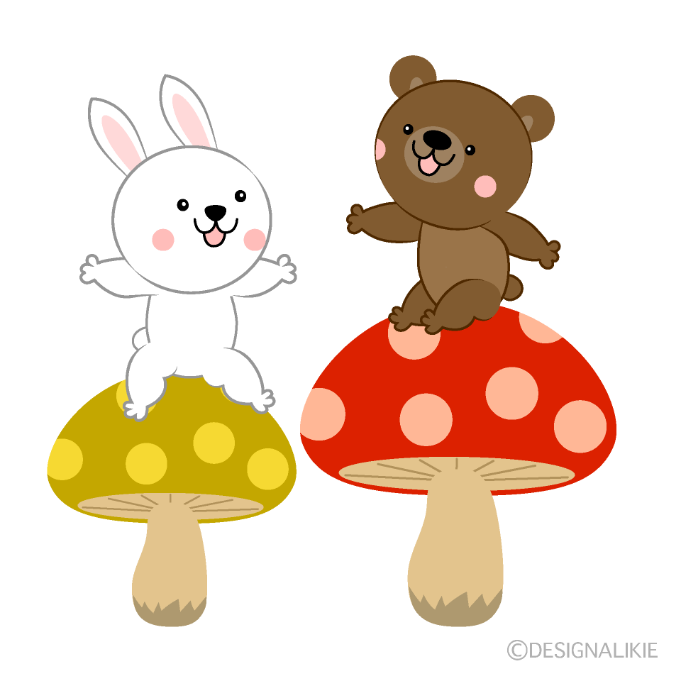 キノコに座るウサギとクマ