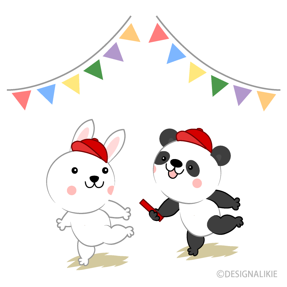 運動会でリレーするウサギとパンダ