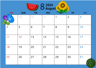 2024年8月のカレンダー（夏）