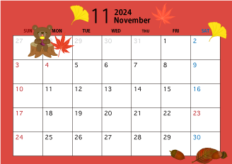2024年11月のカレンダー（秋）