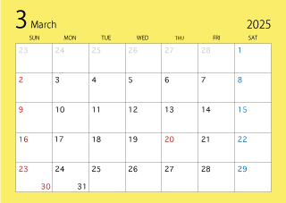 2023年3月カレンダー（カラー）