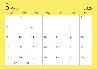 2025年3月カレンダー（カラー）
