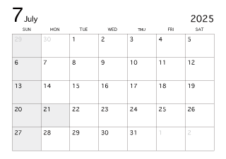 2025年7月カレンダー（白黒）