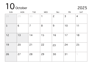 2023年10月カレンダー（白黒）