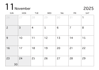 2023年11月カレンダー（白黒）