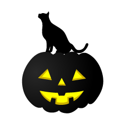 夜のハロウィンの黒猫シルエット