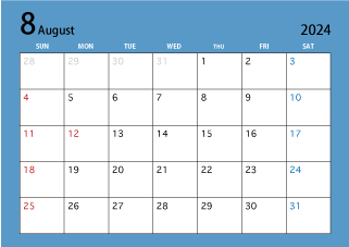 2024年8月カレンダー（カラー）
