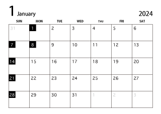 2024年1月カレンダー（白黒）