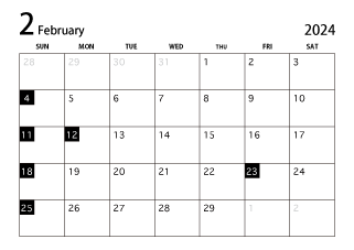 2024年2月カレンダー（白黒）