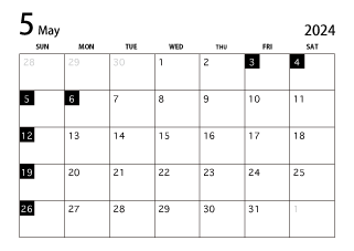 2024年5月カレンダー（白黒）