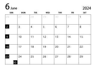 2024年6月カレンダー（白黒）