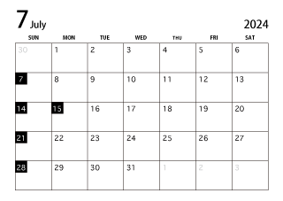 2024年7月カレンダー（白黒）