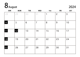 2024年8月カレンダー（白黒）