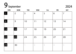 2024年9月カレンダー（白黒）