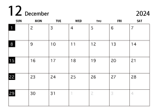 2024年12月カレンダー（白黒）