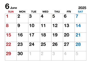 2025年6月カレンダー（文字大）