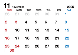 2025年11月カレンダー（文字大）