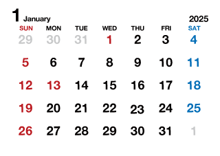 2025年1月カレンダー（文字大枠無）