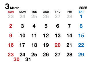 2025年3月カレンダー（文字大枠無）