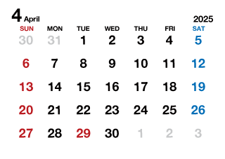 2025年4月カレンダー（文字大枠無）