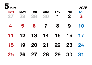 2025年5月カレンダー（文字大枠無）