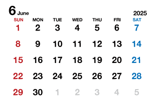2025年6月カレンダー（文字大枠無）