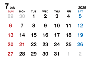 2025年7月カレンダー（文字大枠無）