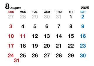 2025年8月カレンダー（文字大枠無）