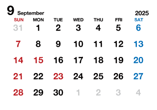 2025年9月カレンダー（文字大枠無）