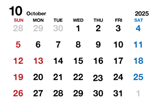 2025年10月カレンダー（文字大枠無）