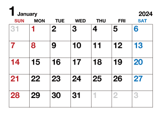 2024年1月カレンダー（文字大）
