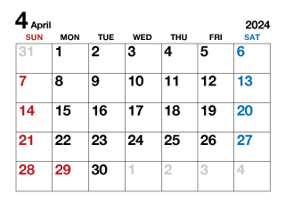 2024年4月カレンダー（文字大）