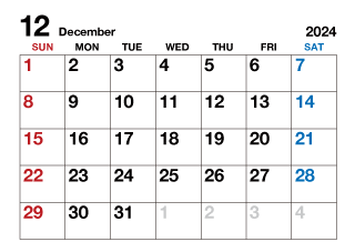 2024年12月カレンダー（文字大）