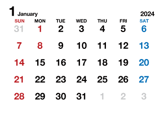 2024年1月カレンダー（文字大枠無）