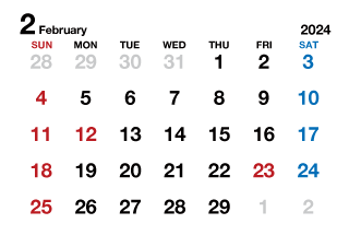 2024年2月カレンダー（文字大枠無）