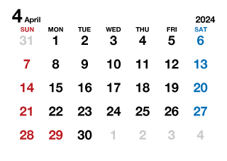 2024年4月カレンダー（文字大枠無）