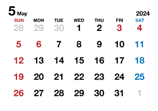 2024年5月カレンダー（文字大枠無）