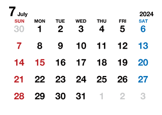 2024年7月カレンダー（文字大枠無）