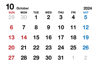 2024年10月カレンダー（文字大枠無）