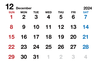 2024年12月カレンダー（文字大枠無）