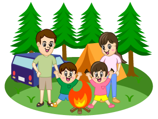キャンプで焚き火する家族