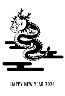 空飛ぶかわいい竜の年賀状(白黒)