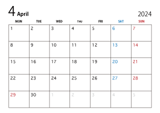 2024年4月カレンダー（月曜始まり）