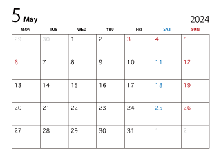 2024年5月カレンダー（月曜始まり）