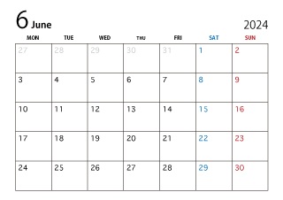 2024年6月カレンダー（月曜始まり）