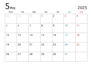 2025年5月カレンダー（月曜始まり）